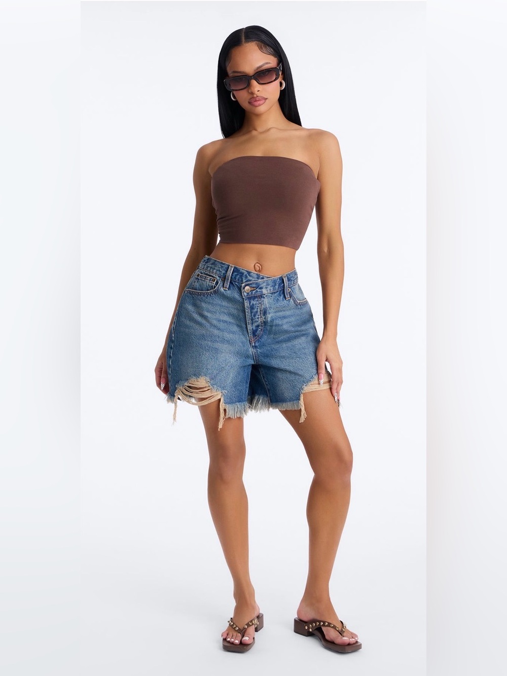 Denim Distressed Crossover Denim shorts